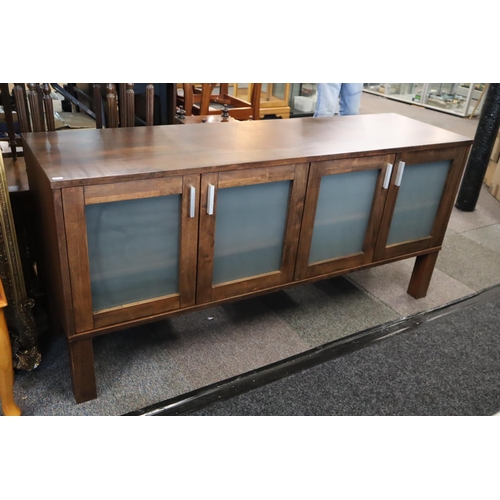 475 - Quality Modern Julian Bowen Solid Teak Twin Cupboard Sideboard Unit Dressed with Frosted Privacy Pan... 