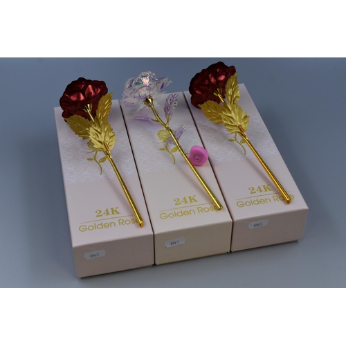 373 - Three New Golden Roses one complete with Illumination all come with Presentation Boxes