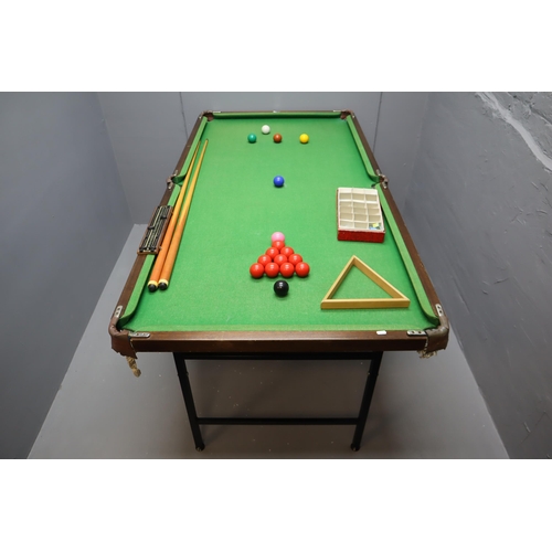 496 - A Half Sized (Approx 6ft x 3ft) Abbey Folding Snooker Table, With Set of Snooker Balls, Triangle, Tw... 