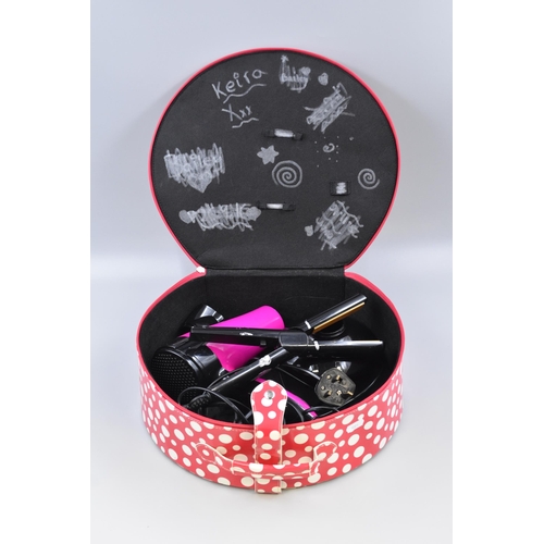 428 - Polka Dot Vanity Case Containing 3 Speed Hair Dryer with Attachments and a Pair of Hair Straightener... 