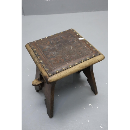 440 - Vintage Handmade Stool with Upholstered Leather Studded Top (3.5” High)