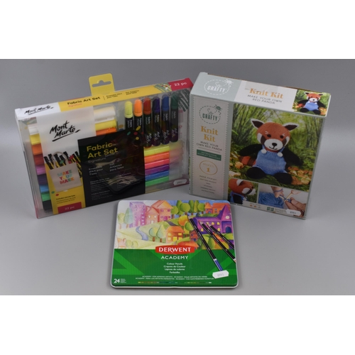 445 - Fabric Art Set, Derwent Academy Coloured Pencils (one Missing) and a Craft Knit Kit