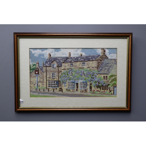 608 - Seven Pieces of Framed Embroidery Artpieces. Includes Four Floral Pieces, Two Cottage Landscapes, An... 