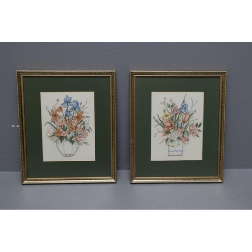 608 - Seven Pieces of Framed Embroidery Artpieces. Includes Four Floral Pieces, Two Cottage Landscapes, An... 