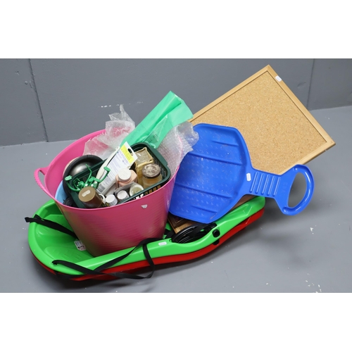 634 - A Mixed Selection To Includes Sledges, Notice Board, Pet Food Bowls and More