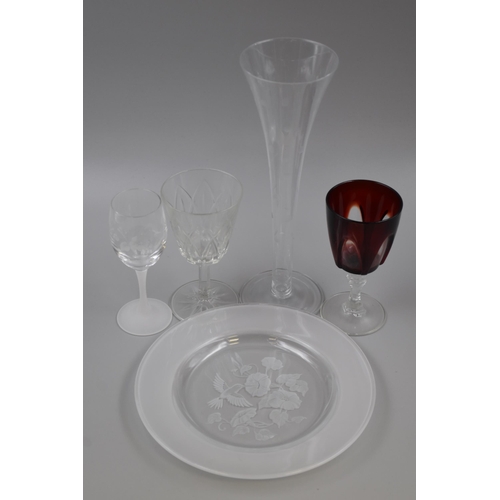 653 - Five Sets of Glassware. Includes Set of Nine Cranberry Glass Drinking Glasses, and Four Boxed Sets o... 