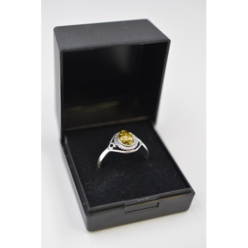 1 - Gothic Style Amber Stoned Silver 925 Ring (Size V). Complete with Presentation Box