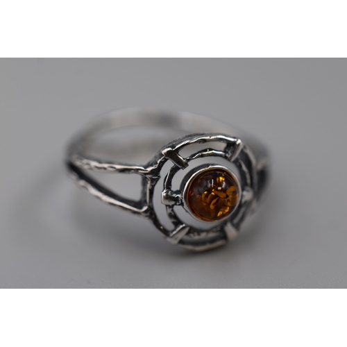 3 - Silver 925 Ring with Wheel Design, set with Amber Stone (Size T). Complete with Presentation Box.