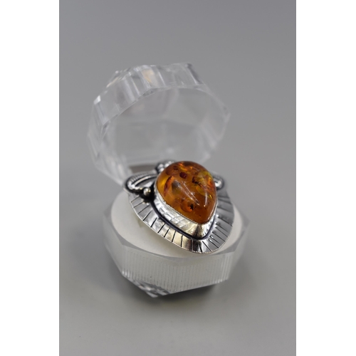 7 - A 925. Silver Baltic Amber Stoned Ring, Size T. In Presentation Box