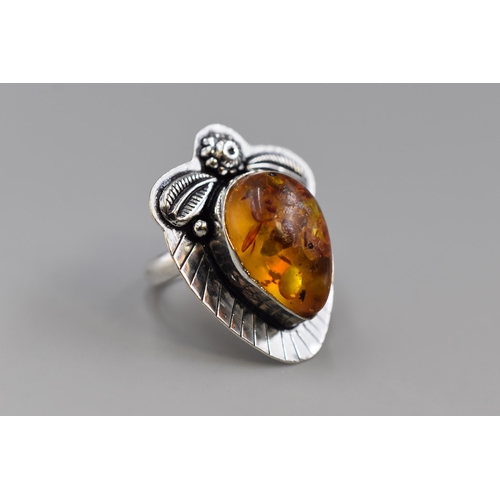 7 - A 925. Silver Baltic Amber Stoned Ring, Size T. In Presentation Box