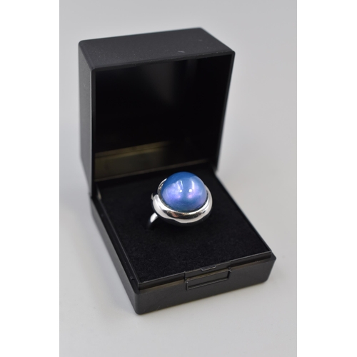 13 - Silver 925 Statement Ring with Large Blue Stone (Size O). Complete with Presentation Box.