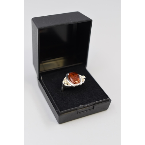 14 - Silver 925 Ring with Large Amber Stone and Clear Stone Design (Size O). Complete in Presentation Box... 