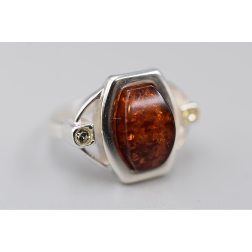 14 - Silver 925 Ring with Large Amber Stone and Clear Stone Design (Size O). Complete in Presentation Box... 