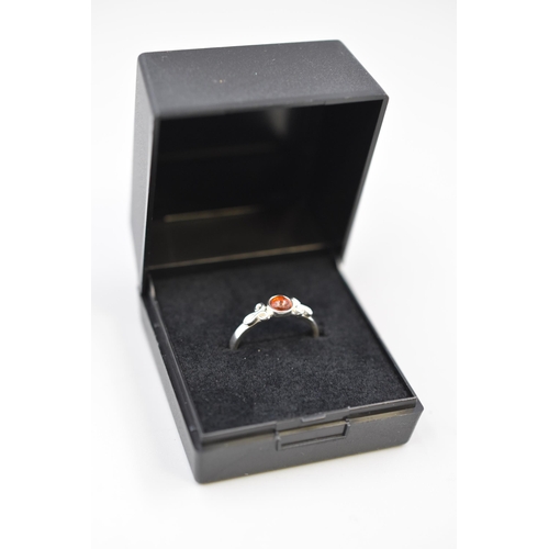 18 - Amber Stoned Silver 925 Ring (Size J-K). Complete with Presentation Box.