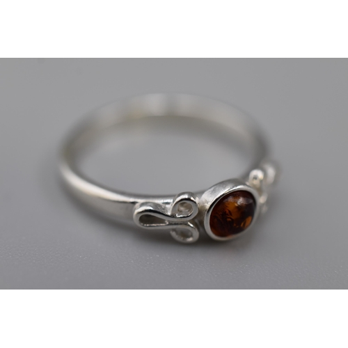 18 - Amber Stoned Silver 925 Ring (Size J-K). Complete with Presentation Box.