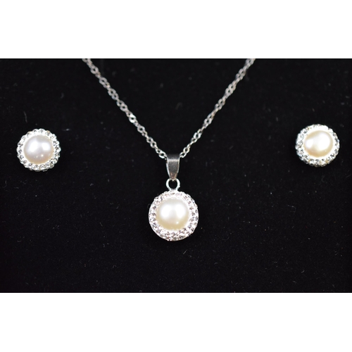 22 - Silver 925 Necklace and Earring Set with Pearl and Diamante Design