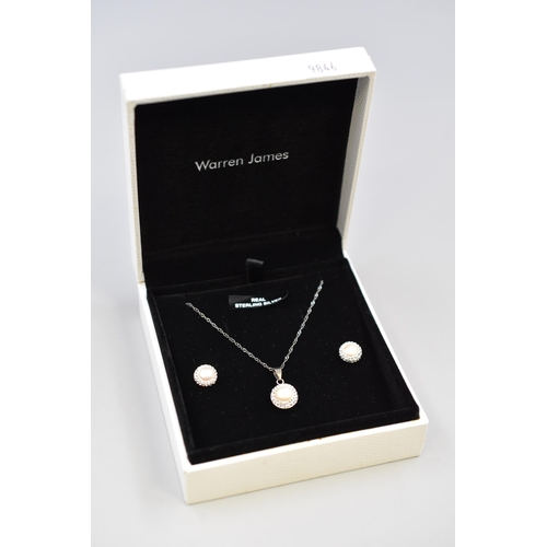 22 - Silver 925 Necklace and Earring Set with Pearl and Diamante Design