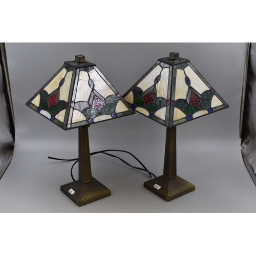 320 - Pair of Tiffany Style Lamps Lamps standing on Tapered Metal Columns (a/f) untested no Plugs