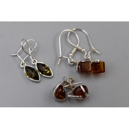 37 - Three Pairs of Silver 925 Amber Stoned Earrings