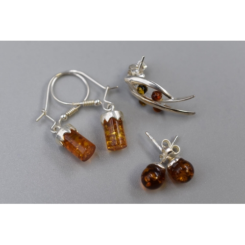 38 - Three Pairs Silver 925 Amber Stoned Earrings