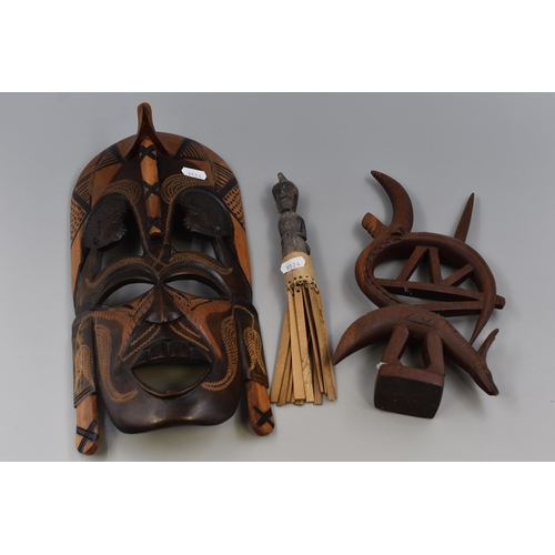 332 - Three Carved Wood Tribal Artpieces. Includes Mask, Wind Chime, And Other. Mask is Approx 14.5