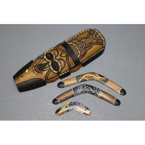 334 - Four Tribal and Aboriginal items, includes 3 Boomerangs and a Large Mask (24”)