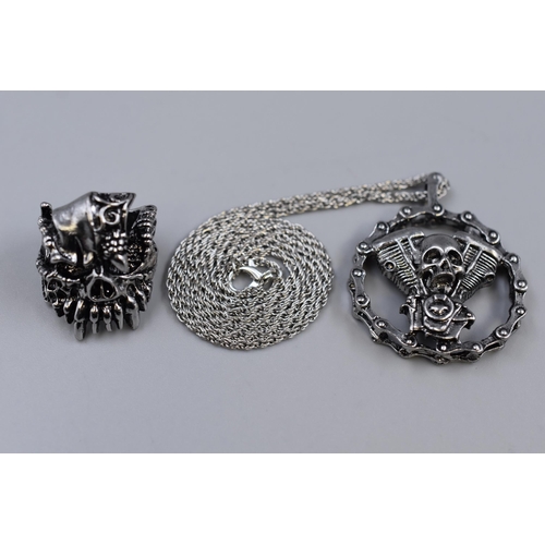 48 - Two Pieces of Jewellery To Include Harley-Davidson Pendant Necklace, And Skull Ring