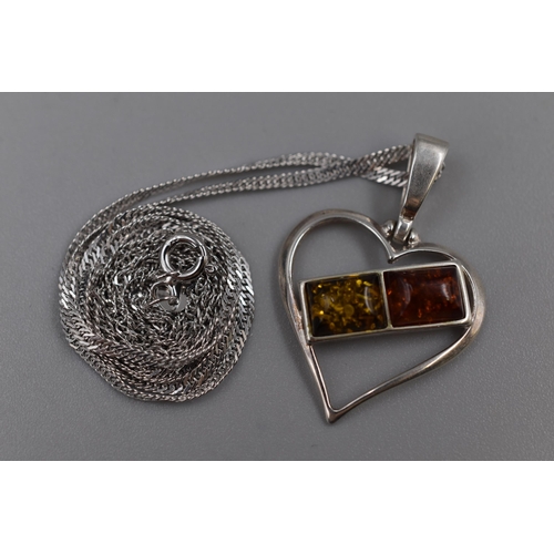 55 - Silver 925 Heart Pendant with Amber Stones, on Silver 925 Chain (Pendant Approx. 1