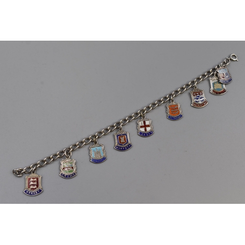 62 - A Selection of Sterling Silver Commermorative Town and City Charms, On Bracelet