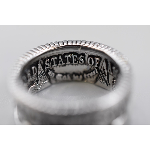 66 - A 925. Silver Dollar Coin Ring, Size R. In Presentation Box