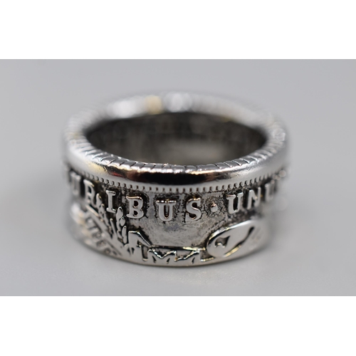 66 - A 925. Silver Dollar Coin Ring, Size R. In Presentation Box