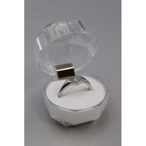 80 - A 925. Silver Clear Stoned Loveheart Ring, Size O. In Presentation Box