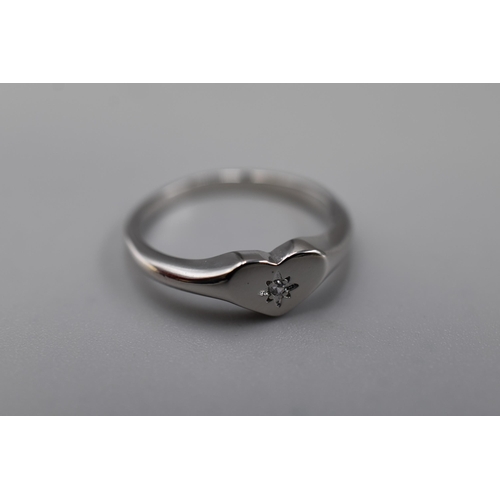 80 - A 925. Silver Clear Stoned Loveheart Ring, Size O. In Presentation Box