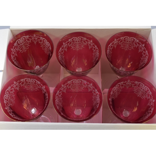 353 - Set of 6 Ruby and Clear Long Stemmed Wine Glasses complete with Box