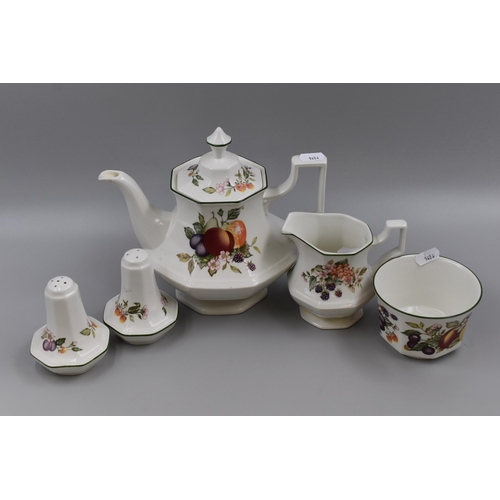 361 - Matching Set of Fruit Themed Pottery to include Tea Pot, Salt and Pepper Shakers, Creamer and Sugar ... 