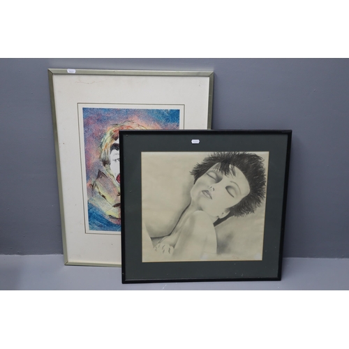 367 - Two Framed Original Artworks. Includes Clown Painting, And Pencil Sketch Signed By 'Debi'. Largest A... 