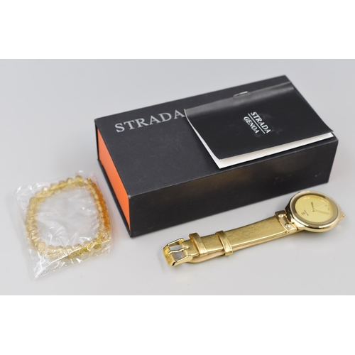 113 - Working Strada Gold Coloured Watch in Gift Box with Bracelet