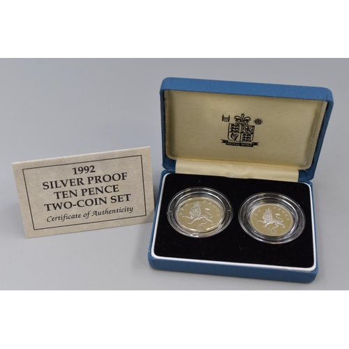 134 - Royal Mint Elizabeth II 1992 Silver Proof Ten Pence two Coin Set complete with Case and Certificate ... 