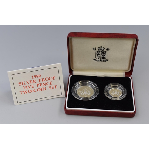 135 - Royal Mint Elizabeth II 1990 Silver Proof Five Pence two Coin set complete with Case and Certificate