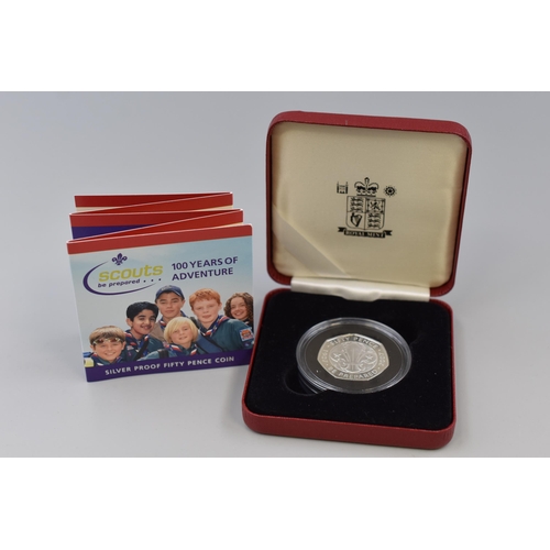 137 - Royal Mint Elizabeth II Scouts Silver Proof 50p Coin Complete with Case and Certificate