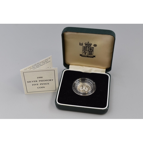 143 - Royal Mint Elizabeth II 1990 Silver Piedfort 5p Coin Complete with Case and Certificate of Authentic... 