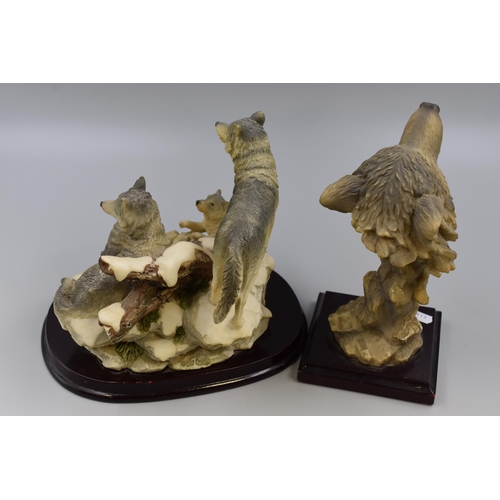 390 - Two of The Juliana Collection Wolf Statues Including Wolf Family In Winter and Wolf's Head on Wooden... 