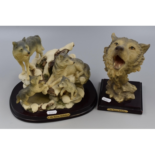 390 - Two of The Juliana Collection Wolf Statues Including Wolf Family In Winter and Wolf's Head on Wooden... 