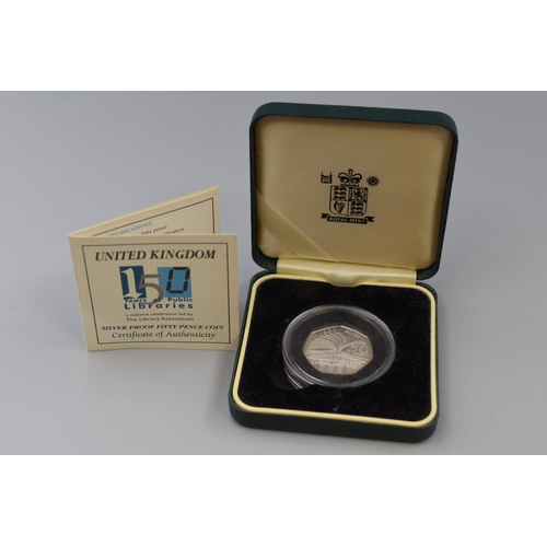 147 - Royal Mint Elizabeth II Public Libraries Silver Proof 50p Coin Complete with Certificate and Case