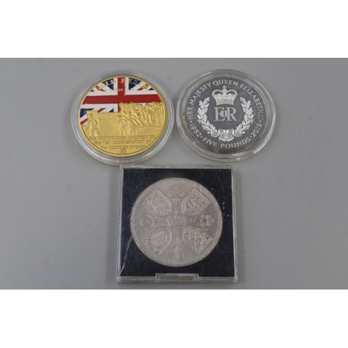 149 - Elizabeth II 2015 TDC £5 Coin, 1953 Crown and Normandy Landings Gold Plated Medallion