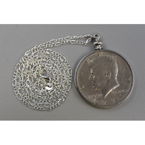 150 - A 1971 USA Kennedy Half Dollar Pendant, On 925. Silver Chain