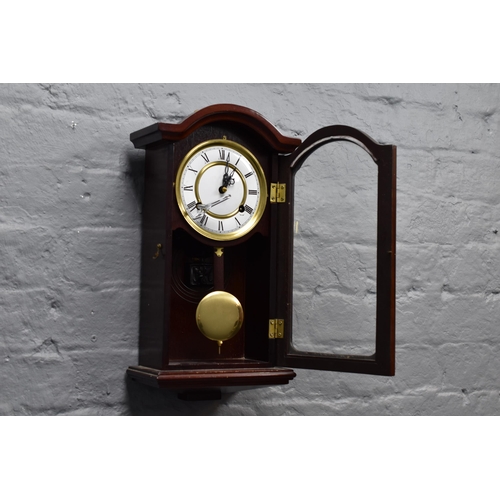 393 - Small Wood Cased Chiming Clock complete with Key and Pendulum Ticking and Chiming Away Nicely 17