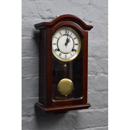 393 - Small Wood Cased Chiming Clock complete with Key and Pendulum Ticking and Chiming Away Nicely 17