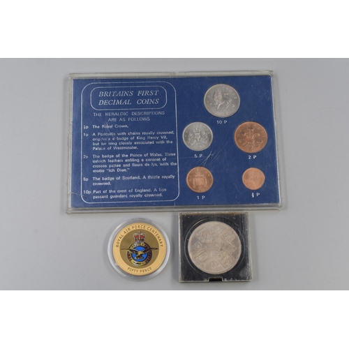 162 - Britain's First Decimal Coin Set, Royal Air Force 50p, and a 1953 Crown