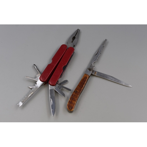 201 - A Horn Handled Fishing Knife, With Multi-Tool In Leather Pouch